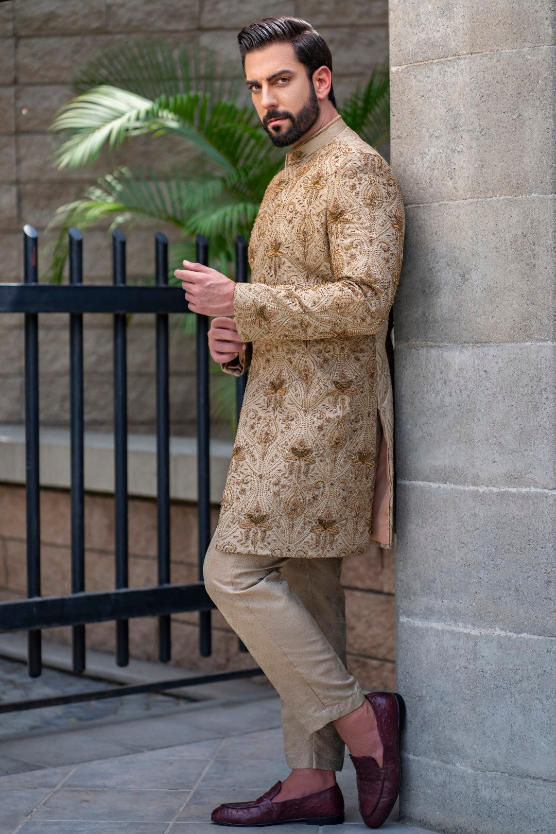 Teak Mughal Hand-Embellished Sherwani