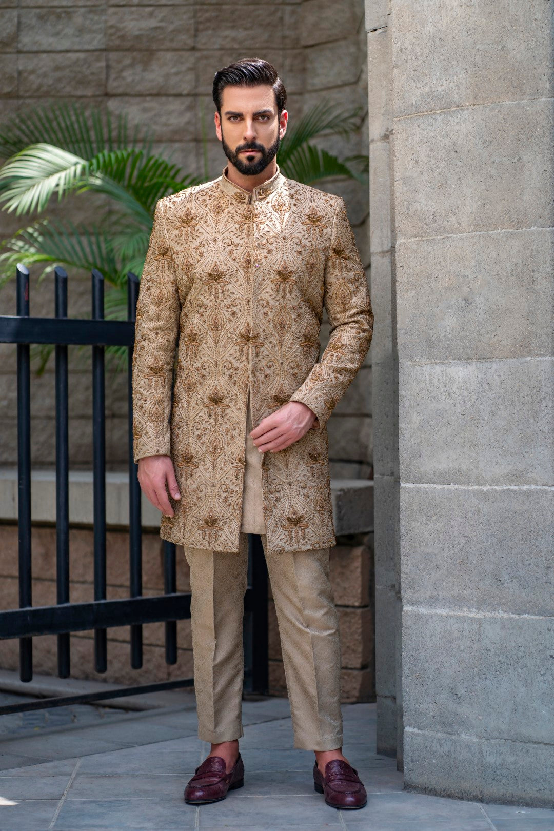 Teak Mughal Hand-Embellished Sherwani