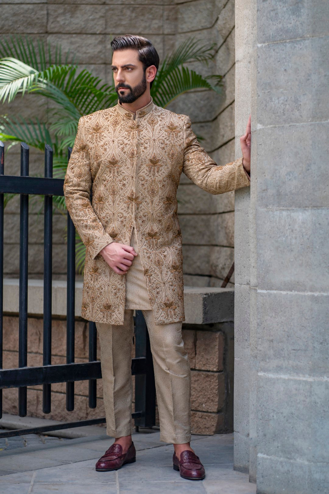 Teak Mughal Hand-Embellished Sherwani