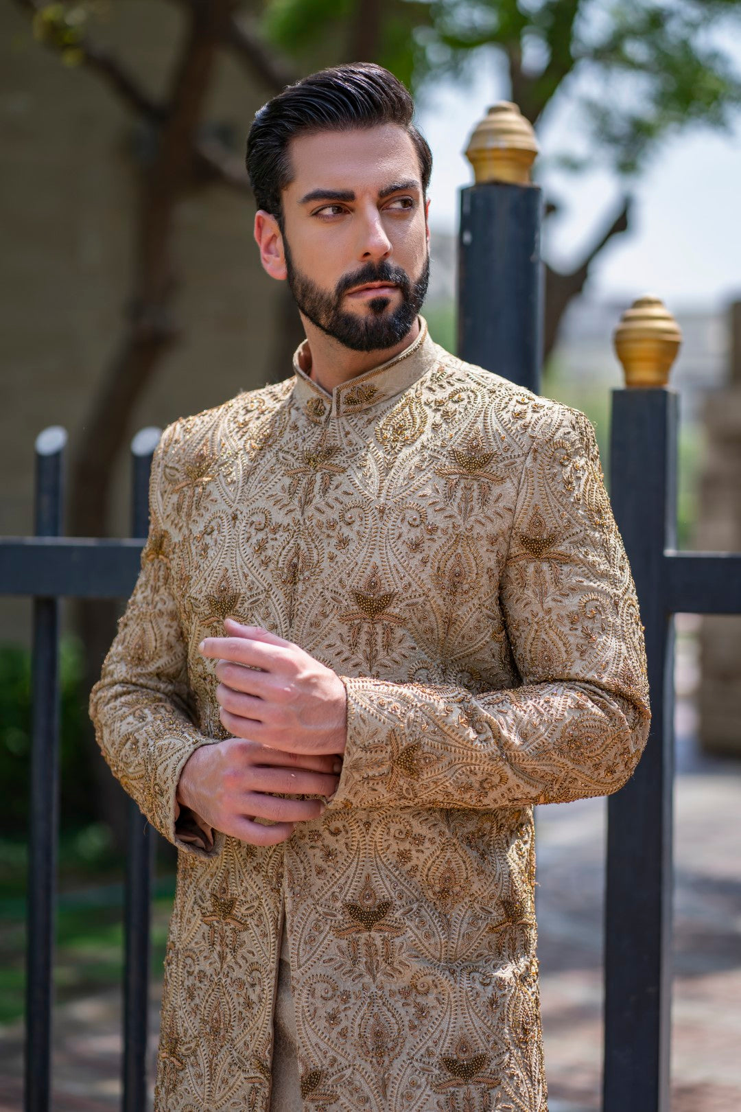 Teak Mughal Hand-Embellished Sherwani