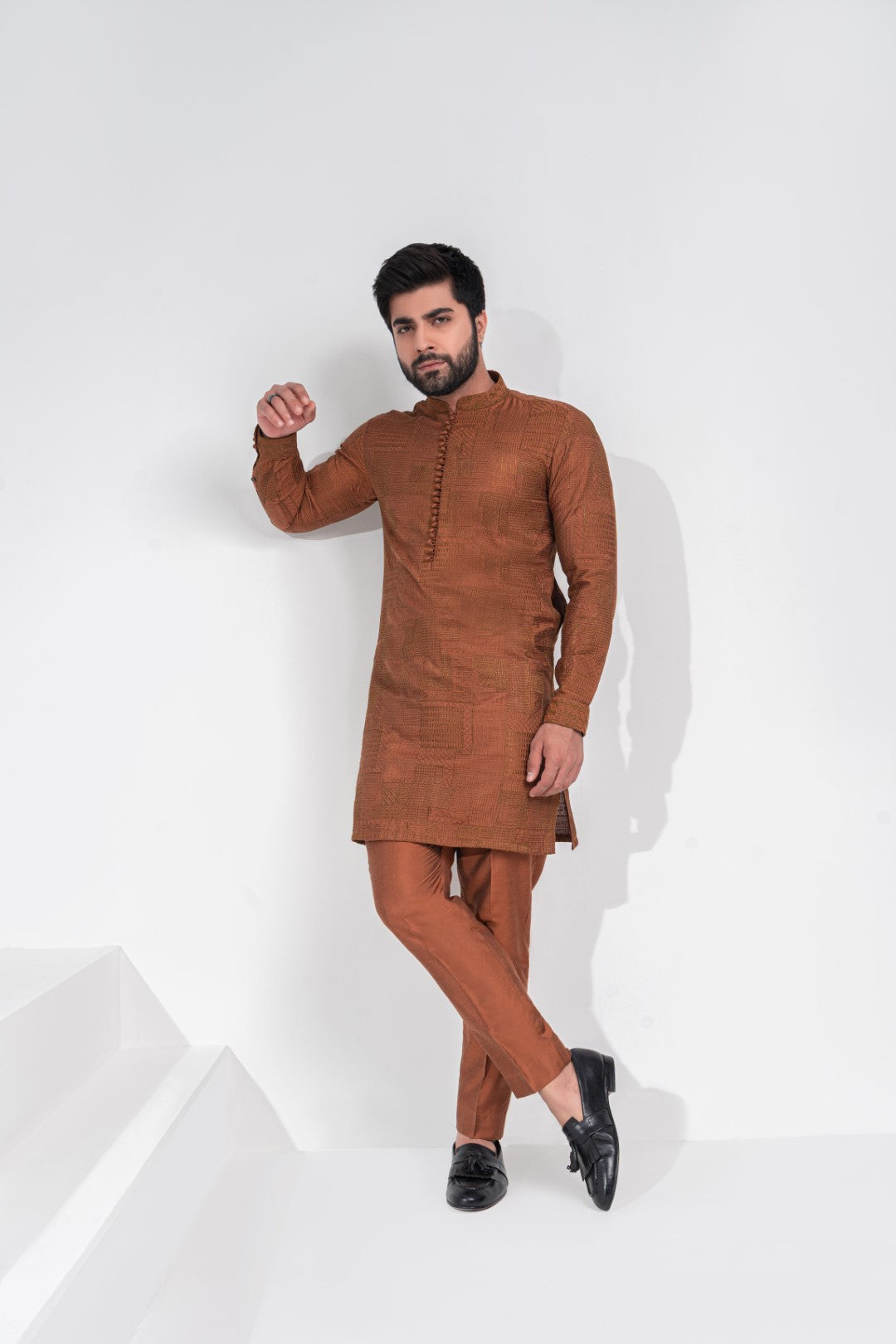 Antique brown patch work embroidered kurta and trouser