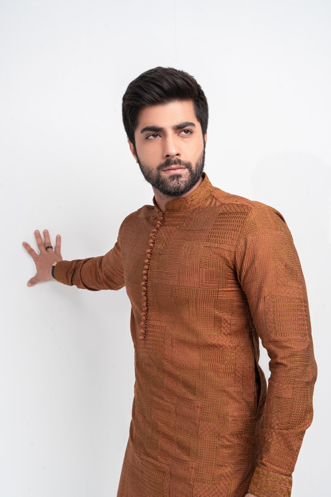 Antique brown patch work embroidered kurta and trouser