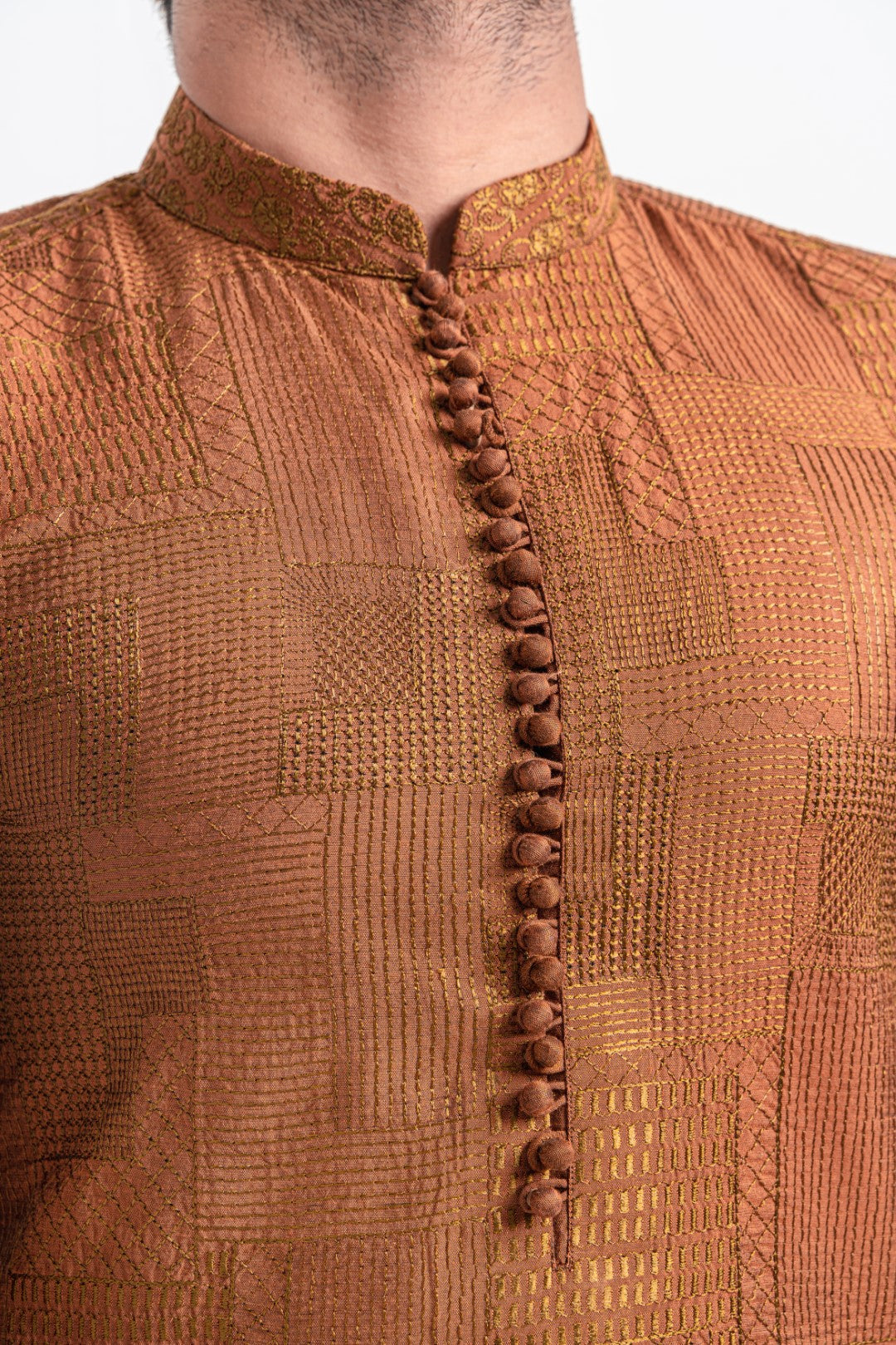 Antique brown patch work embroidered kurta and trouser