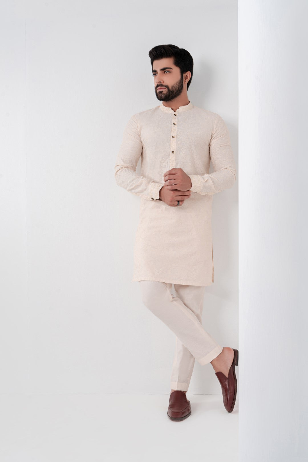 Skin colour embroidered kurta and plain trouser
