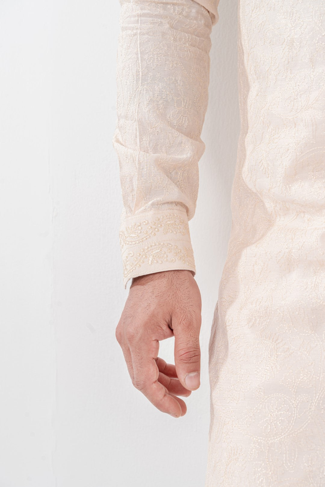 Skin colour embroidered kurta and plain trouser