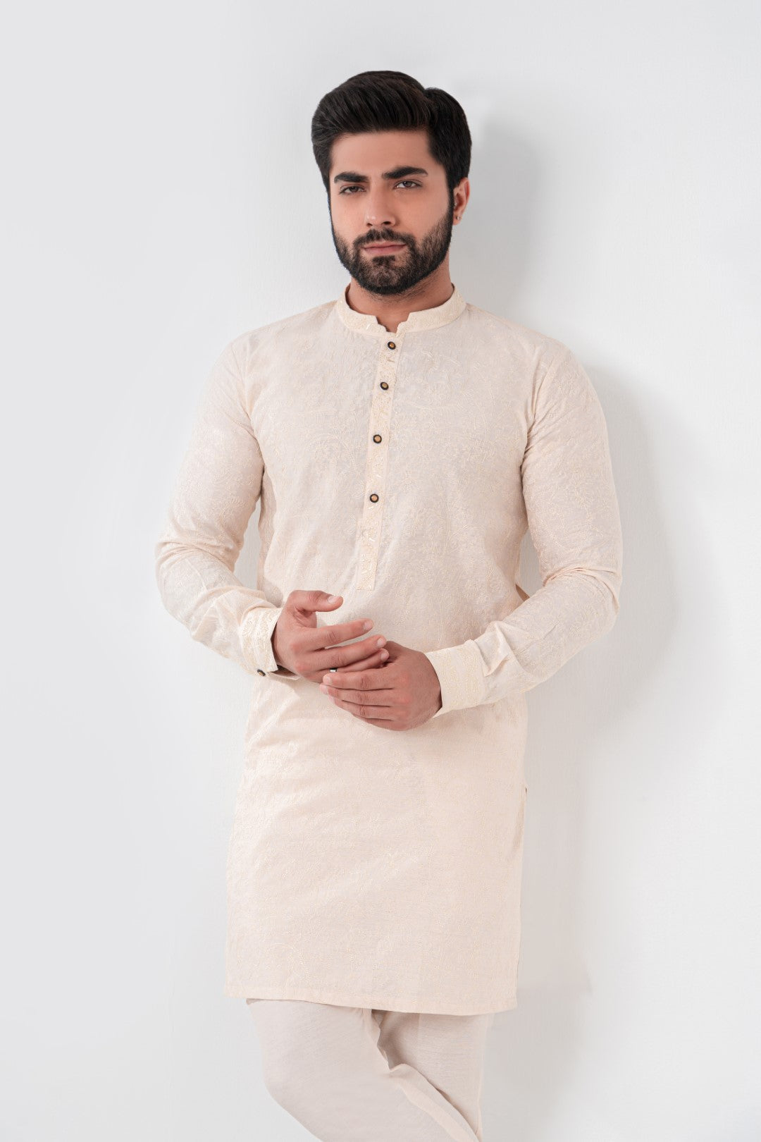 Skin colour embroidered kurta and plain trouser