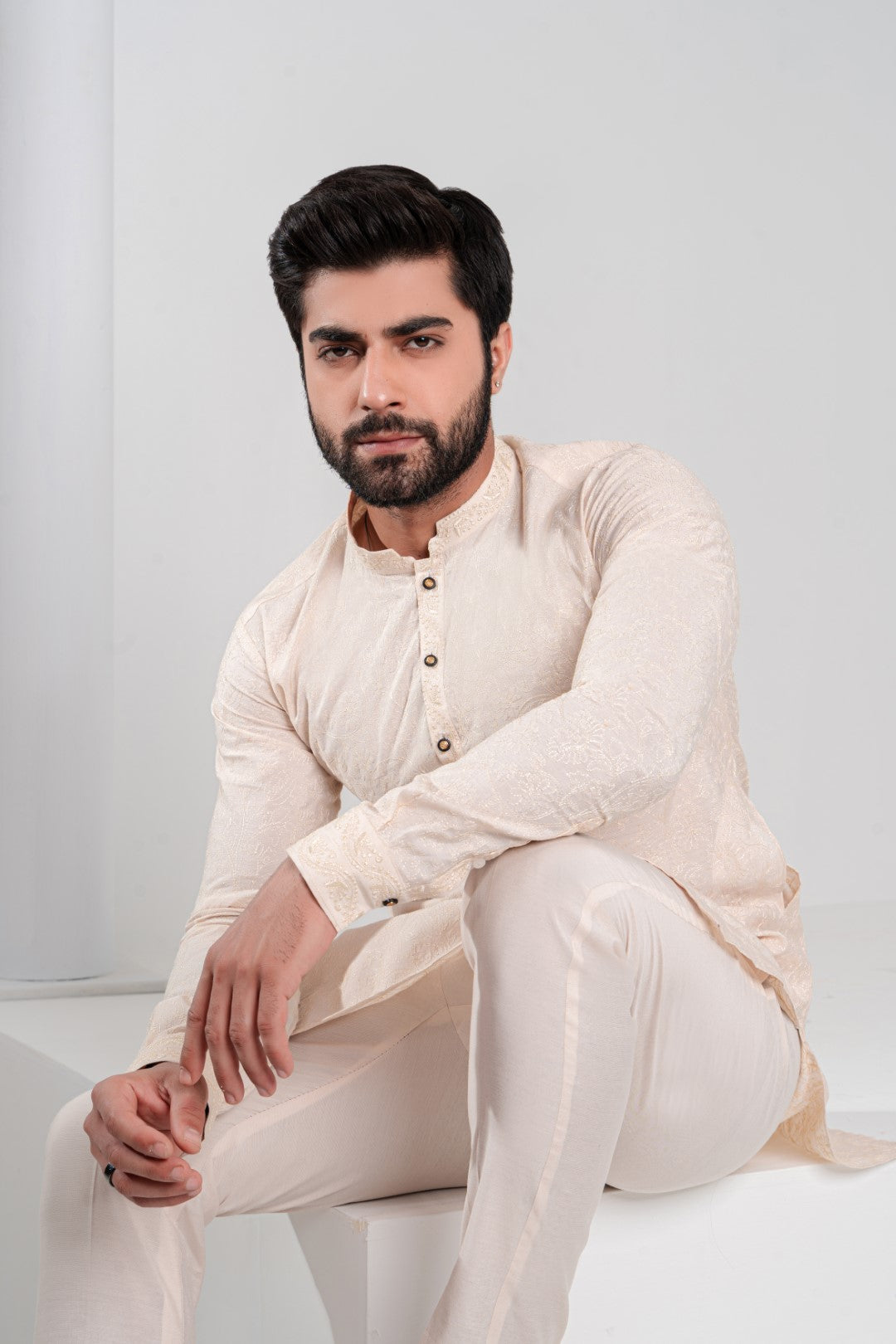 Skin colour embroidered kurta and plain trouser